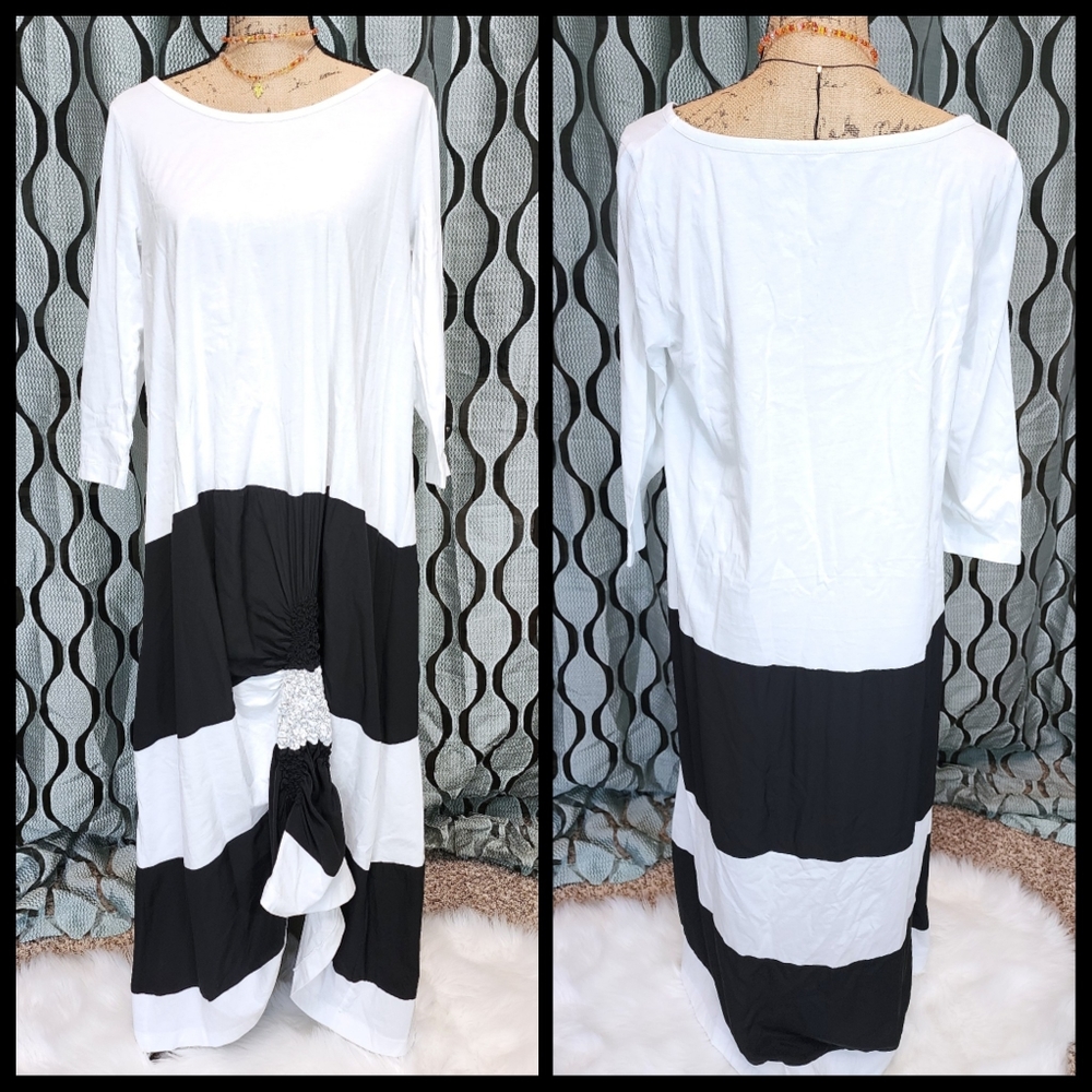 Pier Antonio Gaspari Black White Colorblock Draped Maxi Dress XXL